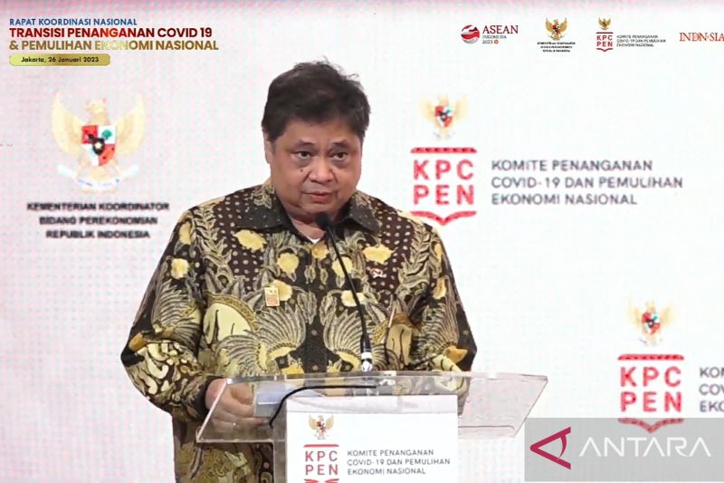 Menteri Koordinator Bidang Perekonomian sekaligus Ketua Komite Penanganan COVID-19 dan Pemulihan Ekonomi Nasional Airlangga Hartarto dalam Rakornas PC PEN di Jakarta, Kamis (26/1/2023). (ANTARA