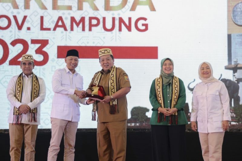 Gubernur Lampung Arinal Djunaidi saat menghadiri Pembukaan Rapat Kerja Daerah (Rakerda) DPD Partai Gerindra Provinsi Lampung Senin (30/1/2023). (ANT)