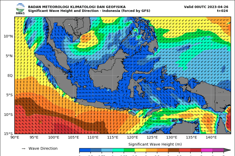 Badan Meteorologi Klimatologi, dan Geofisika (BMKG) menyampaikan gelombang tinggi hingga empat meter berpotensi terjadi di beberapa wilayah perairan pada 26-27 April 2023.