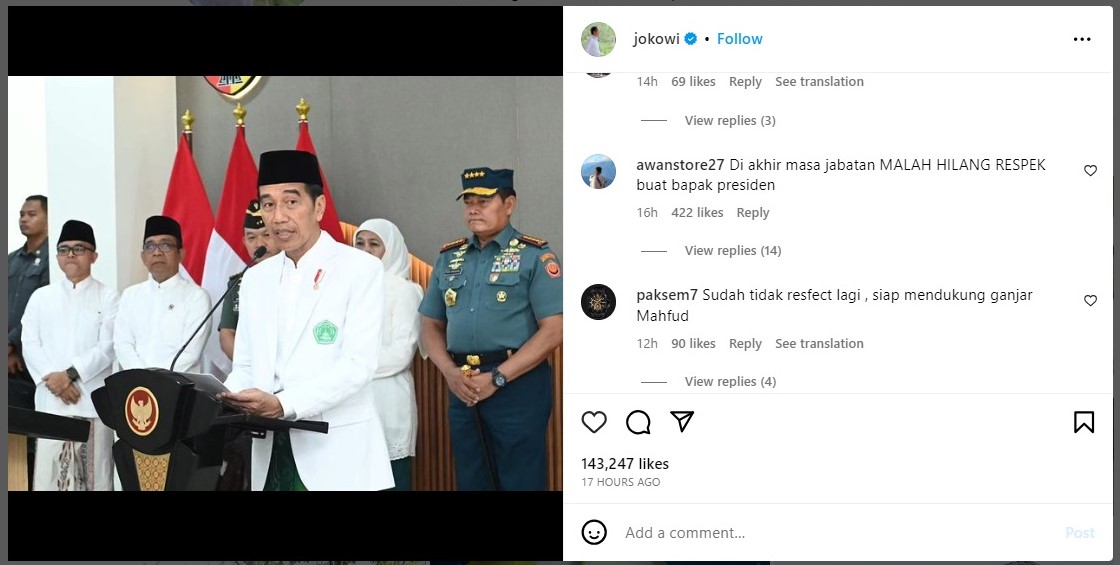 Anaknya Jadi Bacawapres Prabowo, Akun Instagram Jokowi Dihujani Kritik