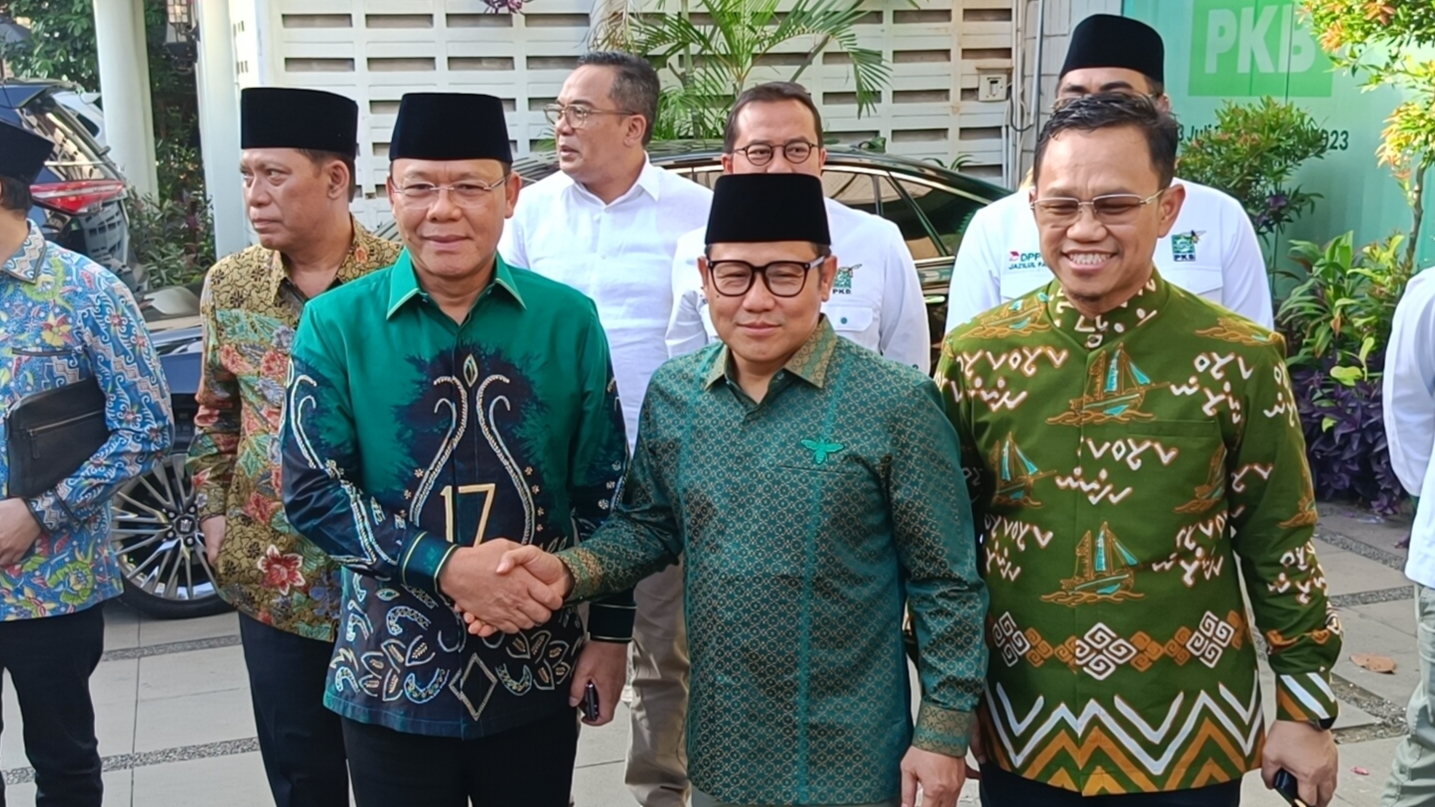 Plt Ketua umum PPP, Mardiono dan Ketua Umum PKB, Abdul Muhaimin Iskandar (Cak Imin) di DPP PKB, Jakarta Pusat, pada Senin (29/04/2024).